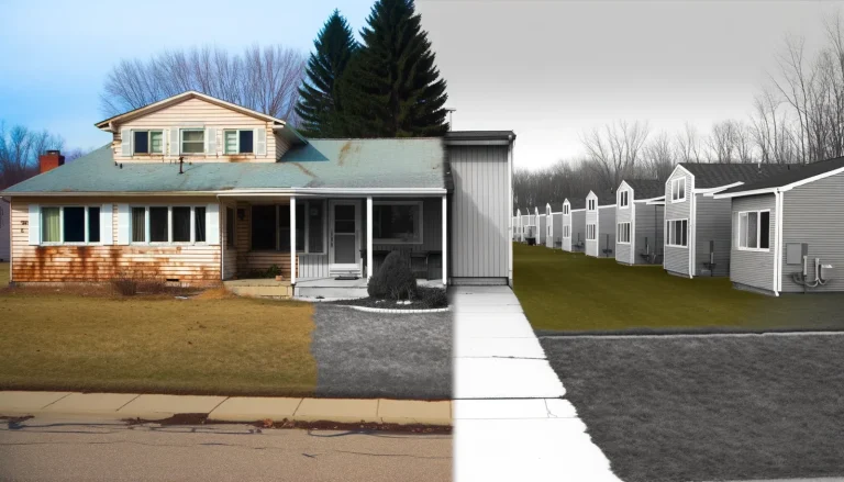 Left: A decaying 1970s 2-story ranch-style house with peeling paint and overgrown garden. Right: A row of identical, well-maintained one-level homes in a senior living community.